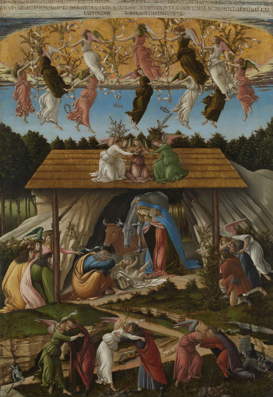 A stable with a thatched roof. Mary kneels beside her baby, who lies on a white cloth. Three people kneel in front of the roof, and angels dance in a ring in the sky.