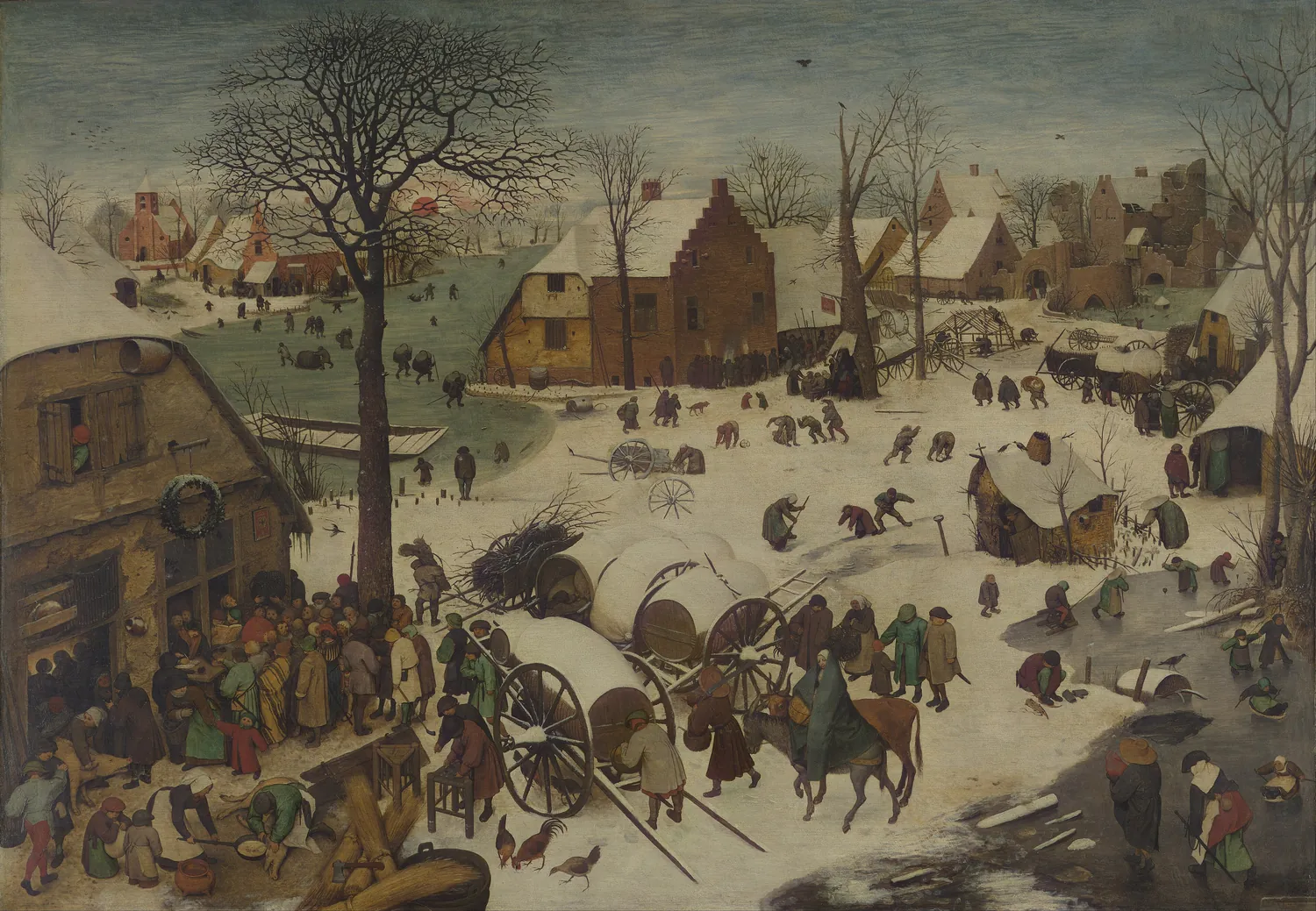 A winter village under snow. Crowds of people with carts and horses gather at an inn on the left to be counted. Skaters are far off on a frozen pond.