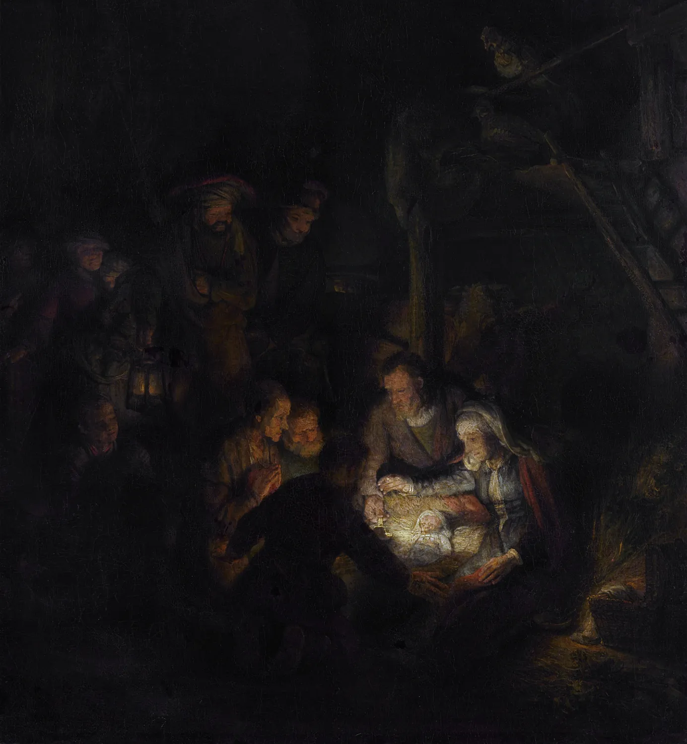 A dark stable. Shepherds with a lantern gather around a baby, who glows in a woman’s lap. The light from the child warms their faces.