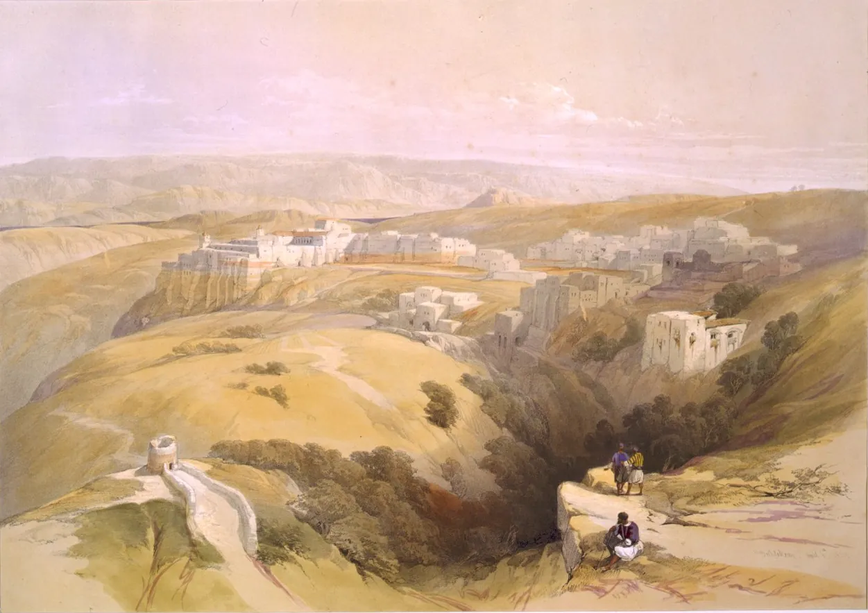 A pale painted view of Bethlehem: a town of flat-roofed houses on a hill, with dry hills and a deep valley in front.
