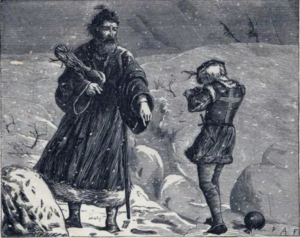 A wood engraving of a king in a heavy cloak and his page walking through deep snow at night, with a bundle of firewood.