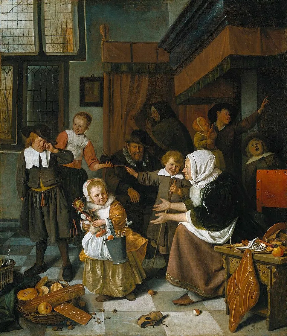 A crowded Dutch living room where children get sweets, a doll and toys, with a shoe on the floor and a boy crying.
