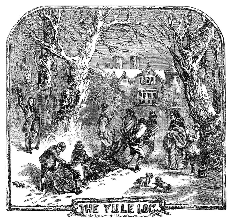 A black and white engraving of villagers hauling a large log through a snowy lane toward a manor house, with dogs and children running beside them.