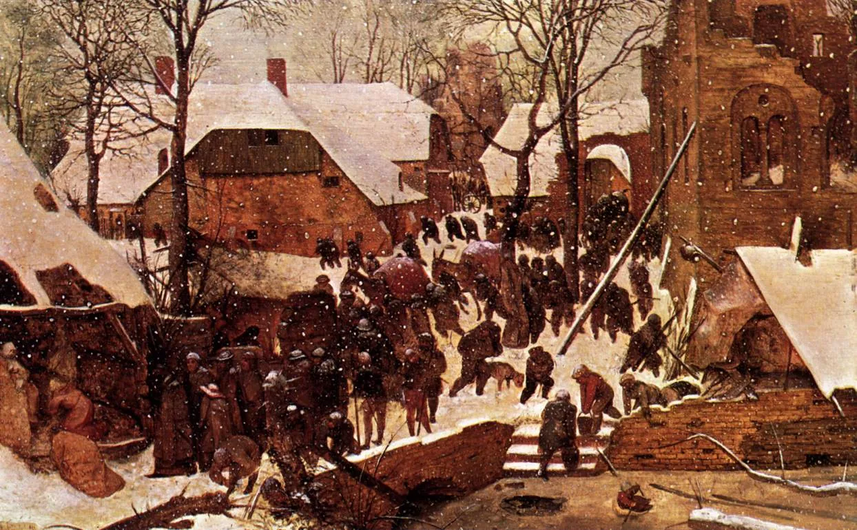 A snowy Flemish village at dusk. People crowd in front of a ruined shed where a mother sits with her child while richly dressed visitors kneel.