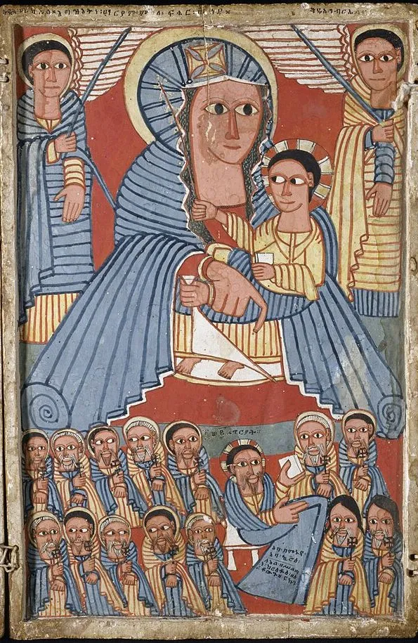 A painted panel. Mary holds the Child between two angels with spears. Below them stand rows of saints holding crosses.