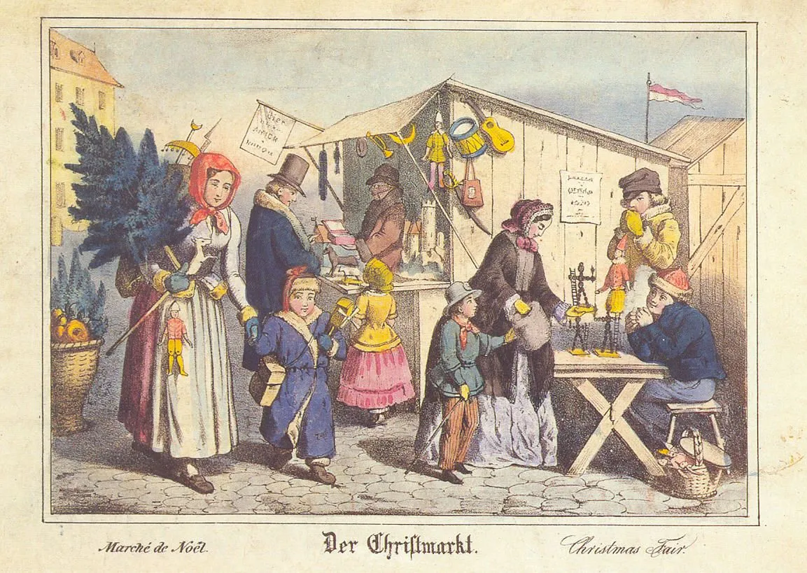 A hand-colored print of a Christmas fair. A woman carries a fir tree, children look at wooden toys, and a man sells from a stall.