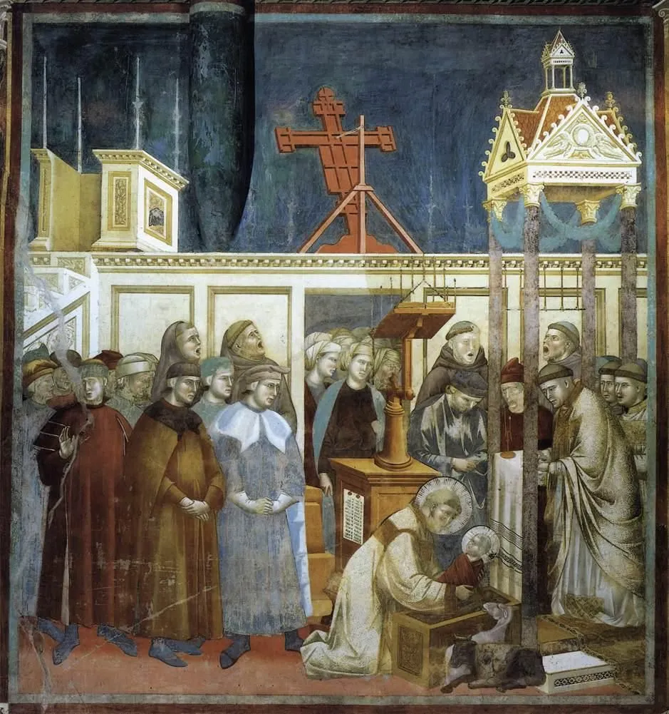 A kneeling man in a cream robe lifts a child from a manger. Monks sing behind a rail on the right, and men in coats stand on the left.